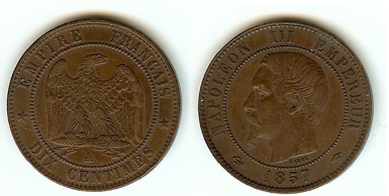 Dix centimes Napoléon III, tête nue 1857 Paris TTB++